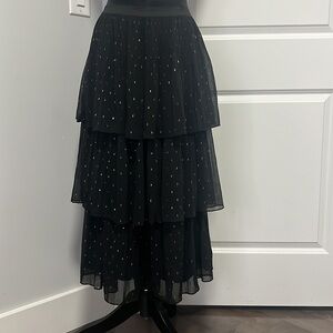 Chelsea & Violet Gold-flecked Black pleated Tiered skirt Elastic waistband sizeM